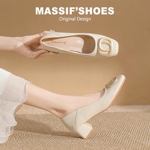 粗跟单鞋女夏2026新款方头浅口皮鞋通勤鞋职业软底鞋不累脚高跟鞋