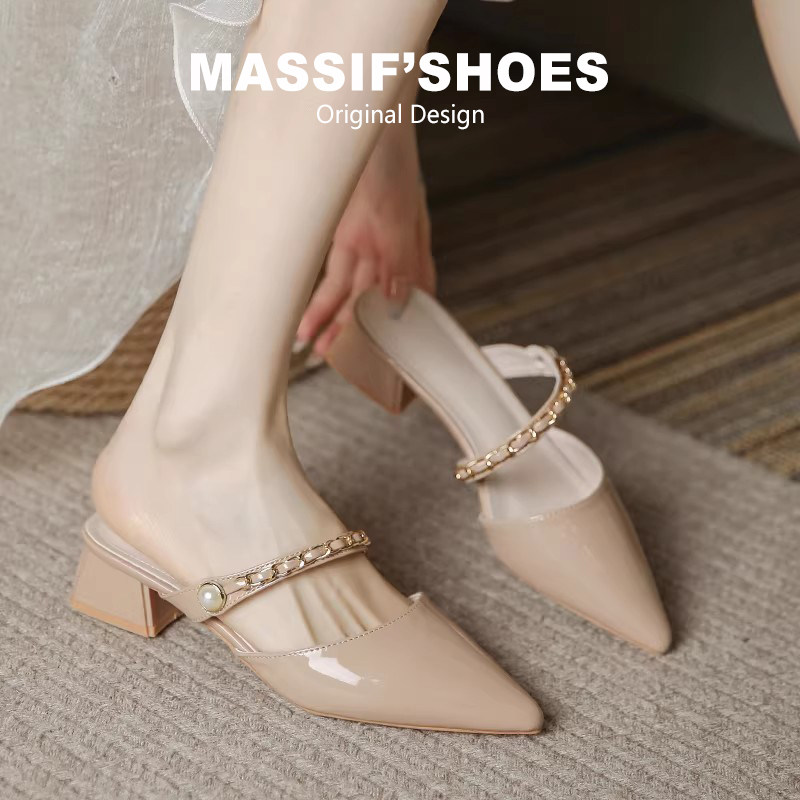 粗跟包头凉拖鞋女2026新款夏外穿裸色尖头高跟鞋配裙子仙女风凉鞋