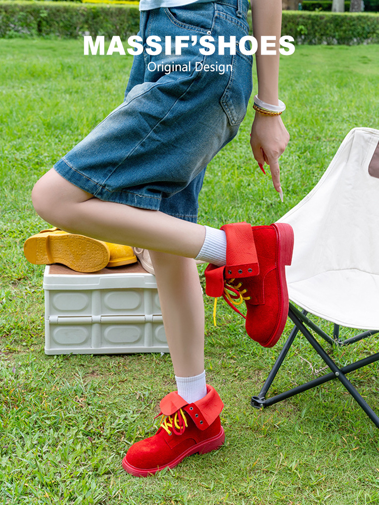 全真皮厚底马丁靴女2025新款夏英伦风工装靴户外登山机车红色短靴