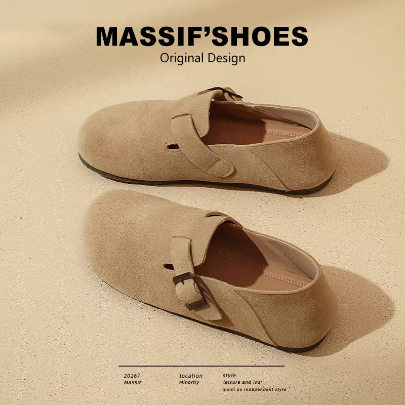 真皮全包勃肯鞋女款2026新款春秋博肯单鞋平底一脚蹬休闲厚底女鞋