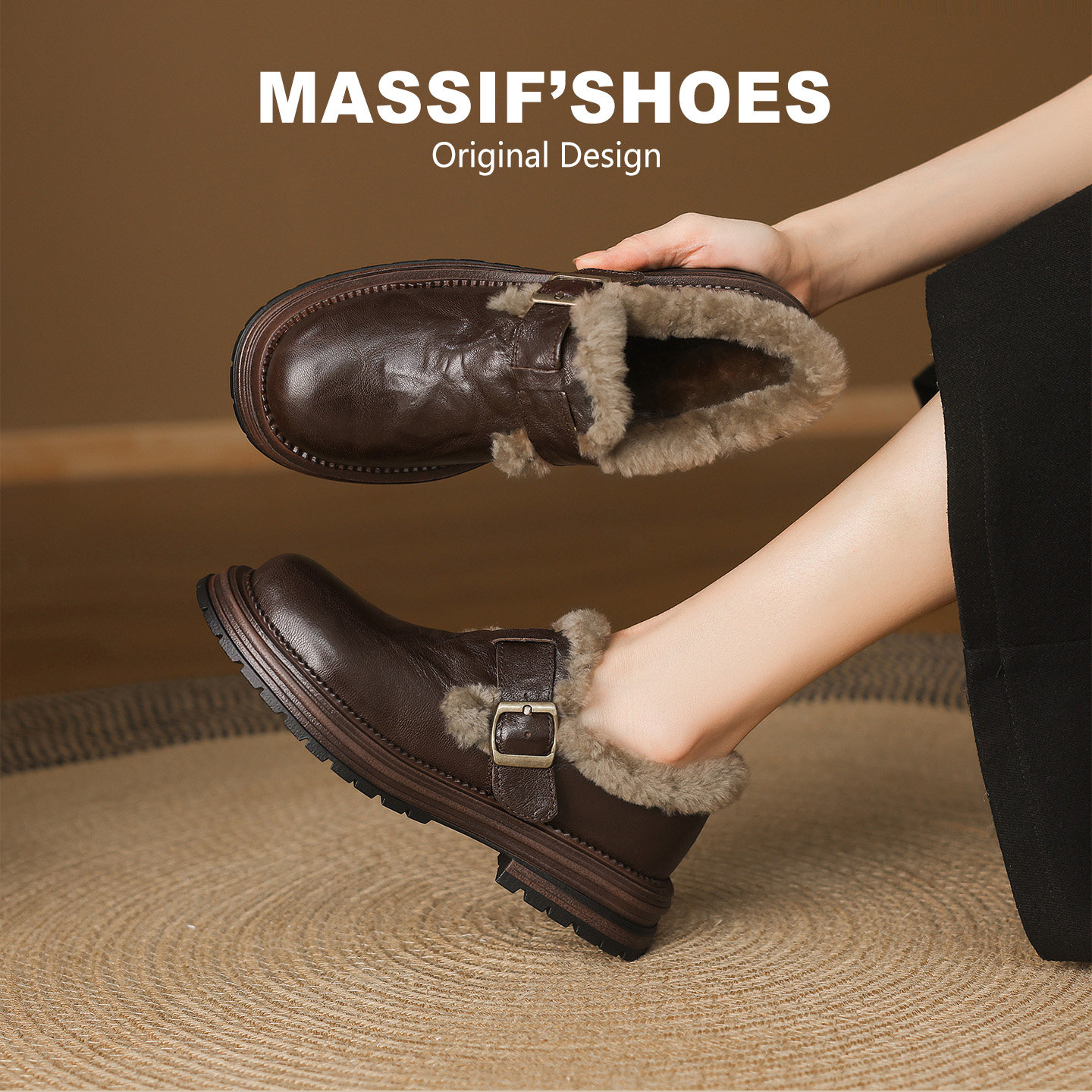 羊羔毛保暖毛毛鞋女2025新款冬季真皮棉鞋加绒加厚单鞋棕色乐福鞋,女鞋,浅口单鞋,淘宝优惠券,粉丝福利购,淘宝优惠卷