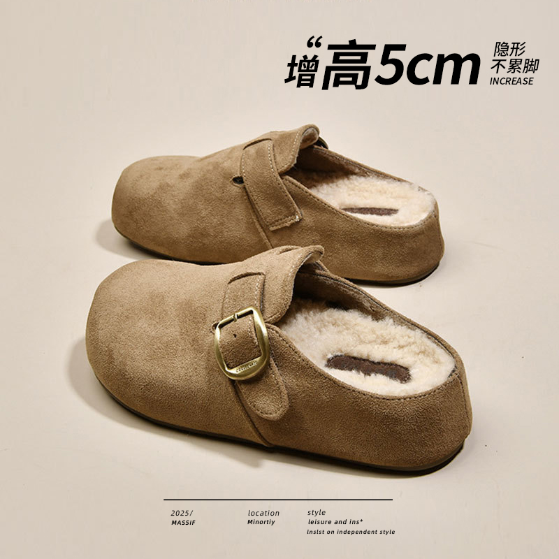 真皮加绒勃肯鞋女外穿厚底百搭懒