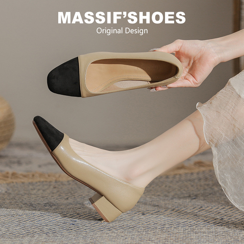 羊皮法式单鞋女2026新款春秋小香风粗跟浅口瓢鞋中跟不累脚高跟鞋