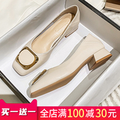 粗跟2026新款 大码 春季 真皮单鞋 仙女风瓢鞋 浅口百搭中跟奶奶鞋 女鞋