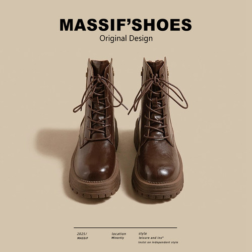 真皮厚底马丁靴女加绒棕色短靴