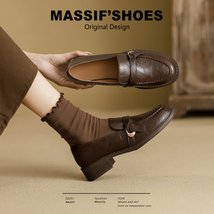 真皮棕色乐福鞋女2026新款春季软底粗跟单鞋英伦风复古百搭小皮鞋