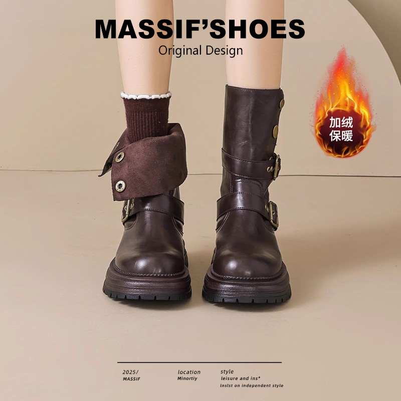 美拉德马丁靴女加绒棕色小短靴