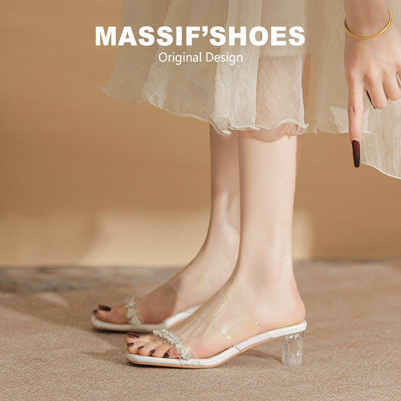 水晶跟透明拖鞋女夏季外穿露趾一字凉拖粗跟高跟鞋百搭配裙子凉鞋