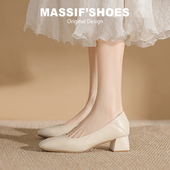 通勤鞋 真皮法式 浅口方头粗跟裸色鞋 配旗袍工作皮鞋 单鞋 女2026新款