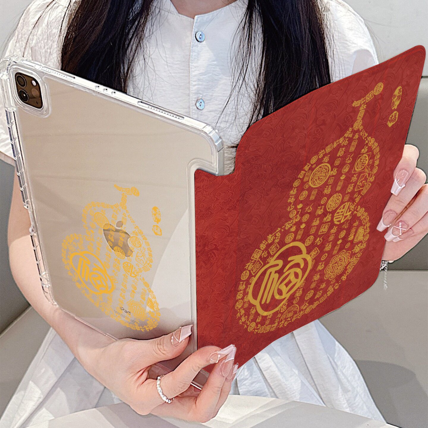 红底云纹福字葫芦Y折平板保护壳