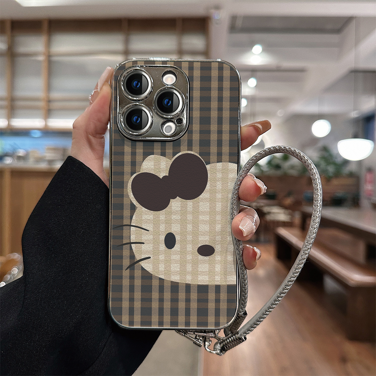 棕格纹半脸KT猫电镀皮纹手机壳