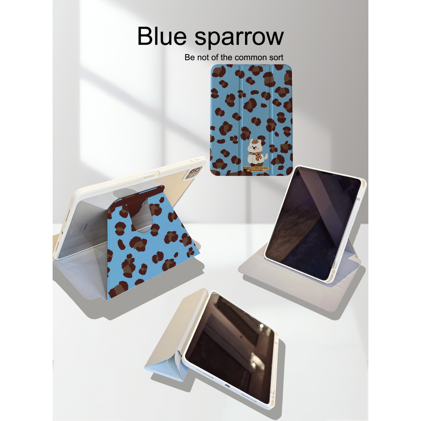 蓝底豹纹西高地小狗苹果平板保护套适用iPadAir7新款360&deg;旋转三折ipad11带笔槽13寸air6女11寸mini6保护壳潮