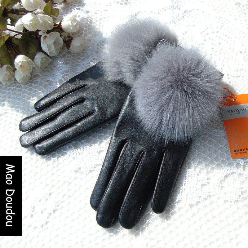 YAOYAO瑶瑶品牌专柜正品韩版狐狸毛球女式加绒山羊皮真皮手套8512