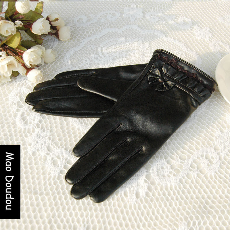 瑶瑶羊皮手套专柜正品加绒保暖蝴蝶结优雅纯触屏驾驶真皮薄款女冬