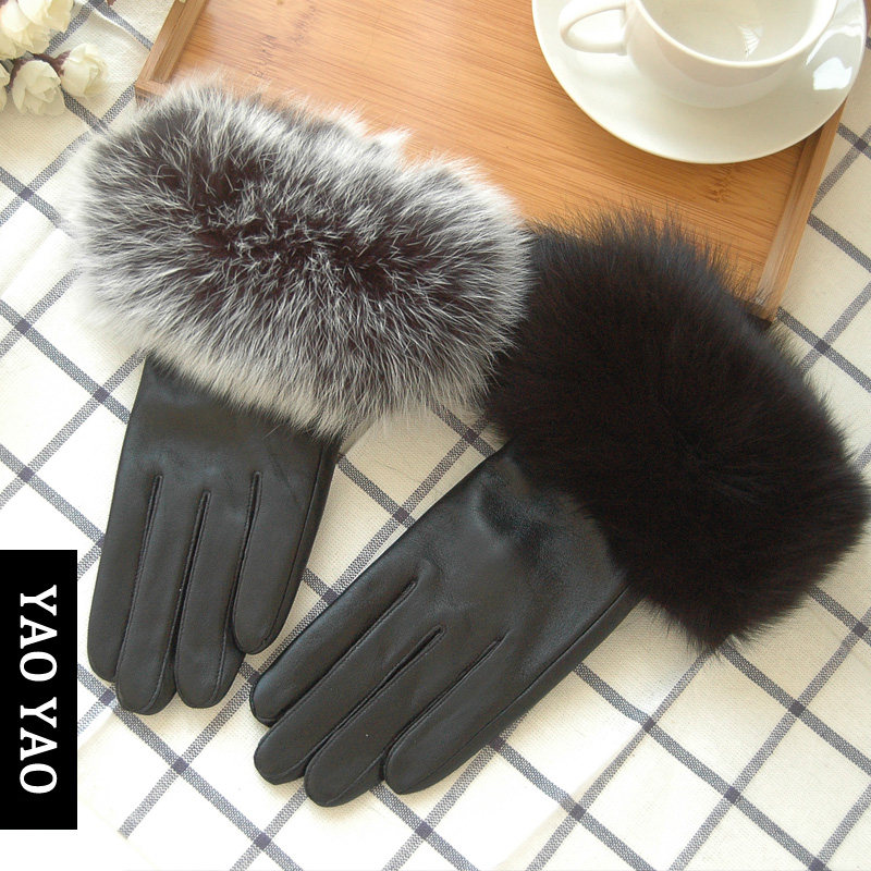 瑶瑶品牌专柜正品秋冬加绒保暖纯羊皮超大狐狸毛触屏真皮手套女士