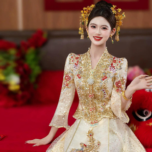 夏季秀禾服2026年新款中式结婚嫁衣低领薄款婚宴礼服香槟色新娘服