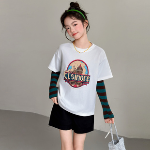 女童长袖t恤春秋款2026新款女大童打底衫春季儿童假两件上衣春装