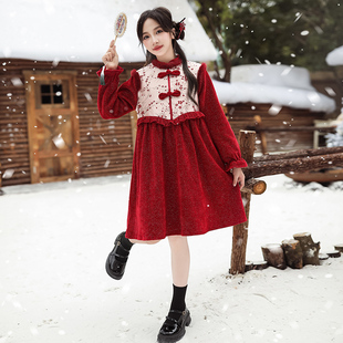 新年衣服红色女童连衣裙冬季加绒女孩裙子儿童拜年服女大童公主裙