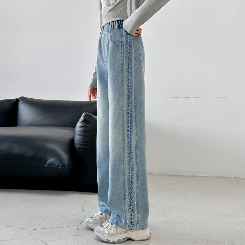 女童加厚裤子秋冬儿童牛仔阔腿裤