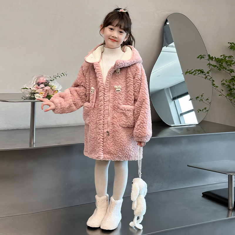 女童加绒加厚外套中长款冬季中大童保暖上衣小女孩冬装儿童毛毛衣