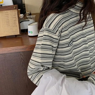 秋冬加绒宽松韩版内搭长袖T恤学生百搭条纹上衣潮高领打底衫女