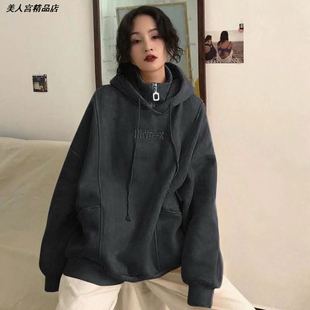 加厚潮加绒刺绣连帽韩版拉链卫衣学生外套上衣高领女春秋字母
