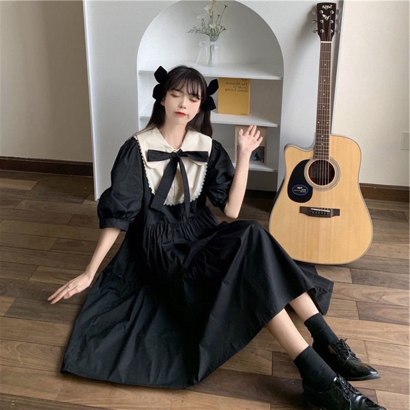 2025年夏装新款日系娃娃领连衣裙少女初中高中学生韩版宽松长裙子