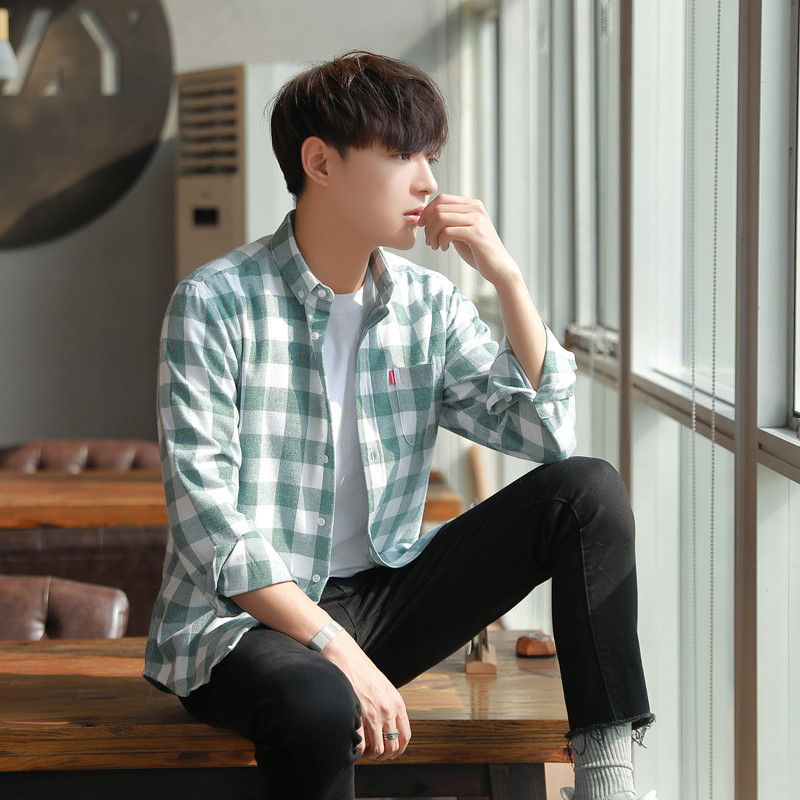 格子衬衫男春秋休闲韩版外套港风日系男士长袖法兰绒衬衣潮流上衣