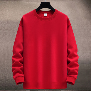 圆领无帽卫衣男秋冬季新款纯色无标宽松休闲衣服加绒厚大红色上衣