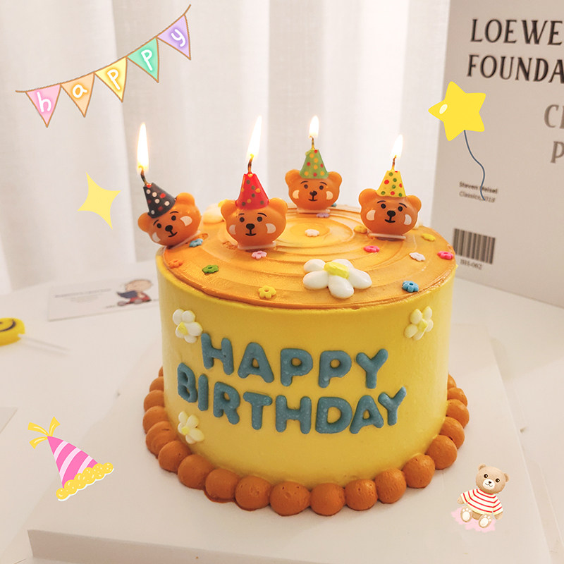 韩国ins生日蜡烛蛋糕装饰宝宝儿童生日装饰可爱小熊笑脸燃烧蜡烛