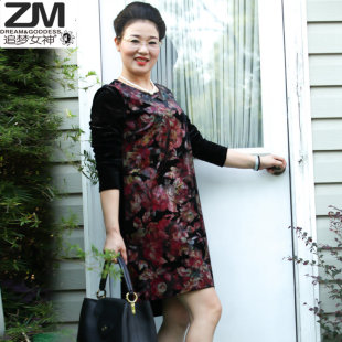 加肥加大码 金丝绒连衣裙长袖 上衣 春秋肥胖人妈妈装 200斤中年女装