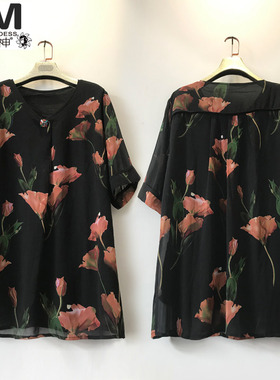 20220斤新款胖妹妹加大码夏装遮肚子雪纺衫胖mm夏季遮肉时尚上衣