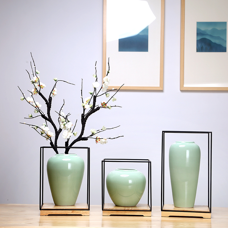 景德镇陶瓷器花瓶青色创意手工中式客厅书房插花摆件工艺品套装