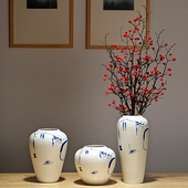 景德镇陶瓷瓷器仿真干花花瓶摆件新中式 饰摆件 客厅书房玄关插花装