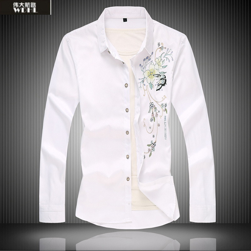 中国风长袖印花衬衫国潮文艺胖子休闲男装加肥加大码宽松时尚衬衣