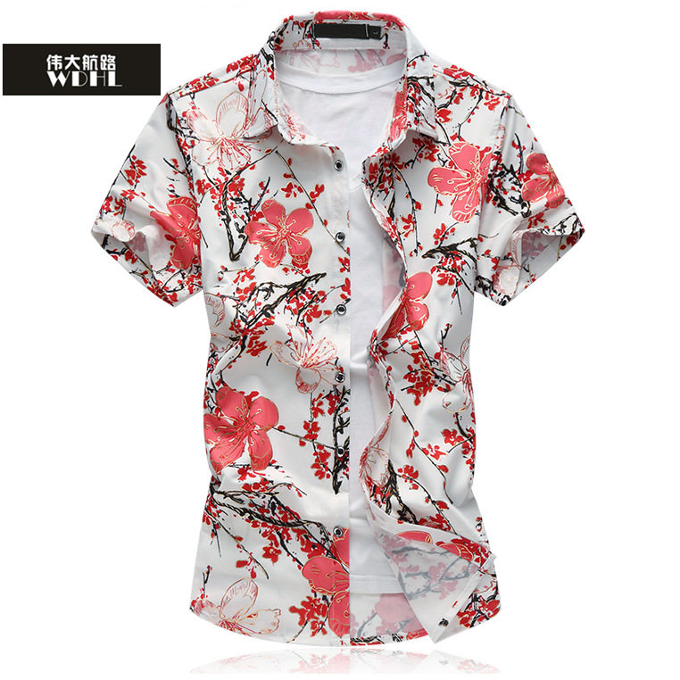 夏季男士三分袖薄款衬衫度假海边衬衣沙滩旅游休闲外穿短袖寸衫男