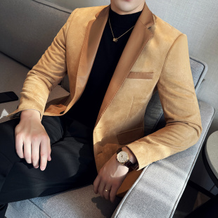 秋冬季男式麂皮绒拼皮西服外套韩版帅气时尚单西上衣大码小西装潮