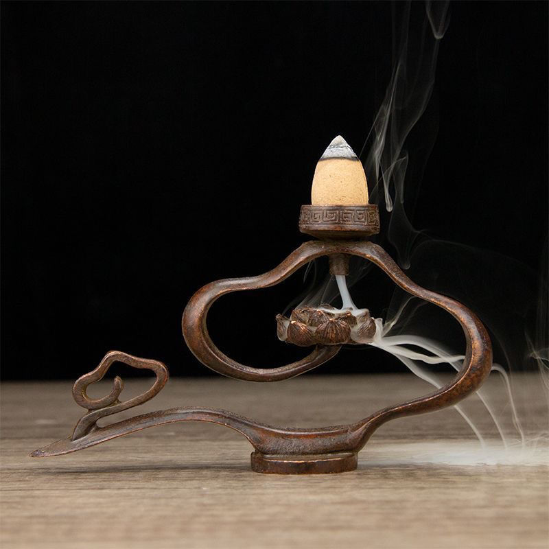 复古铜祥云莲花倒流香摆件做旧铜合金云形状创意香架子香托熏香炉