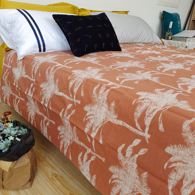 经典复古橘色纯棉床单被套枕套罩