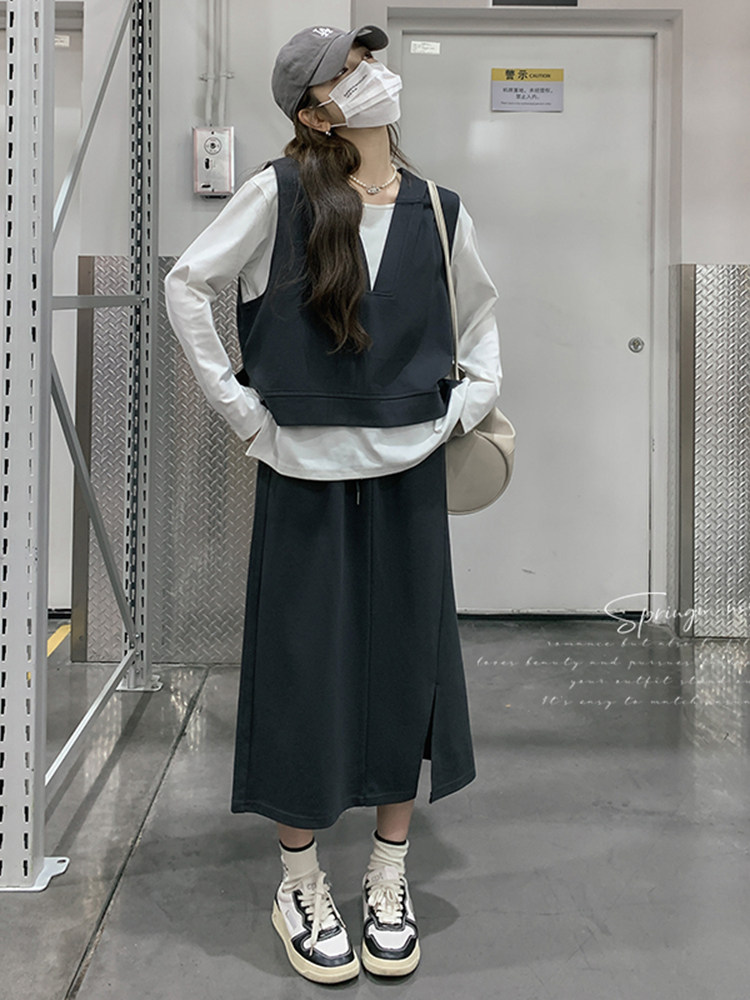 여성을위한 캐주얼 스포츠 스웨트 셔츠 스커트 정장 2024 봄 가을 새로운 패션 스타일 올해 인기 조끼 3 피스 세트