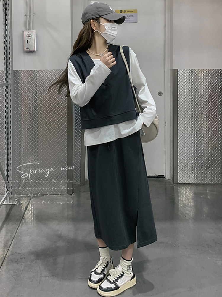 여성을위한 캐주얼 스포츠 스웨트 셔츠 스커트 정장 2024 봄 가을 새로운 패션 스타일 올해 인기 조끼 3 피스 세트