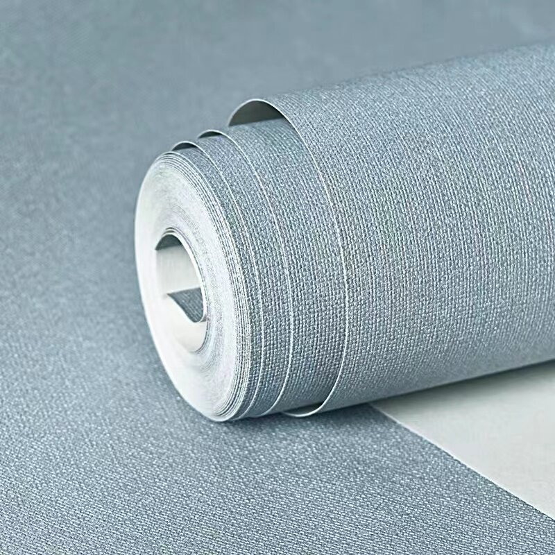 现代简约客厅卧室北欧灰蓝色墙纸防水pvc工程纯素色亚麻壁纸酒店