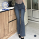 kindame韩国修身 DL22F0116 显腿丰胯双扣高腰中深蓝牛仔喇叭裤