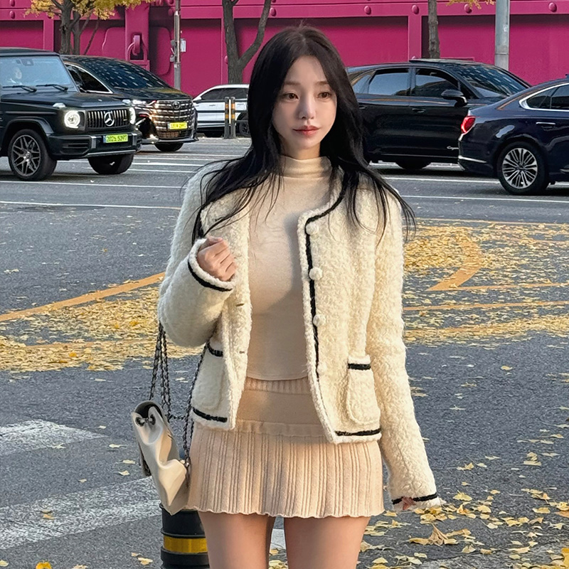 保暖百搭粗花羊毛夹克外套