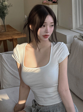 kindame韩国纯色休闲透气方领带胸垫短袖侧胸外扩T恤女TR25S2904