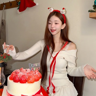 kindame韩国露肩V领长袖 海军水手领针织女毛衣连帽上衣KS25W3803