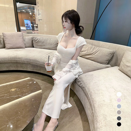 韩国性感方领修身显瘦包臀连衣裙