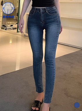 kindame韩国网红休闲百搭深蓝色高腰修身牛仔丰胯裤女DL22S0212