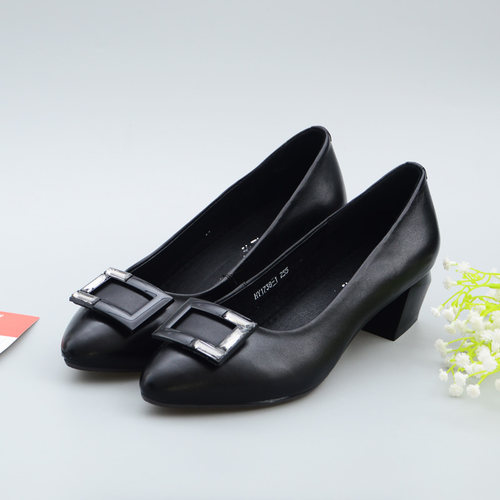 真皮浅口大码粗跟通勤女鞋小皮鞋