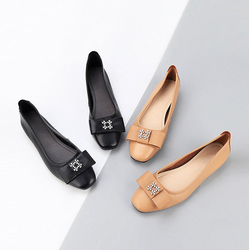 大码女鞋软皮蝴蝶结浅口真皮单鞋